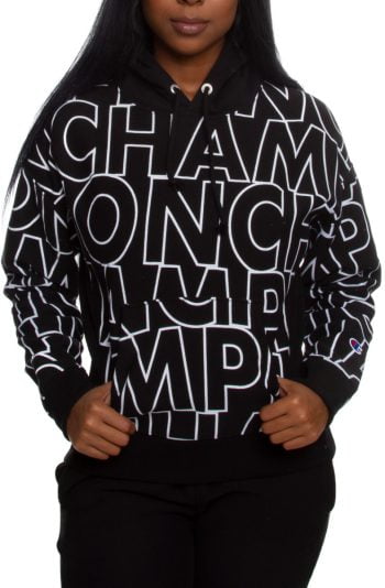 Reverse Weave All Over Print Pullover Hoodie Big Block Text Outline Black