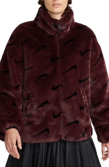 Sportswear Plush Printed Faux Fur Jacket Burgundy Crush/Black/Black