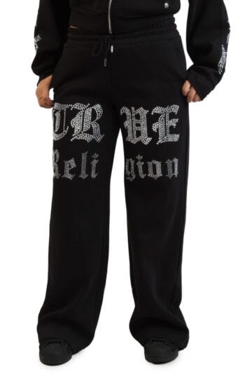 Women Crystal Script Wide Leg Sweatpant Black Pants M Black