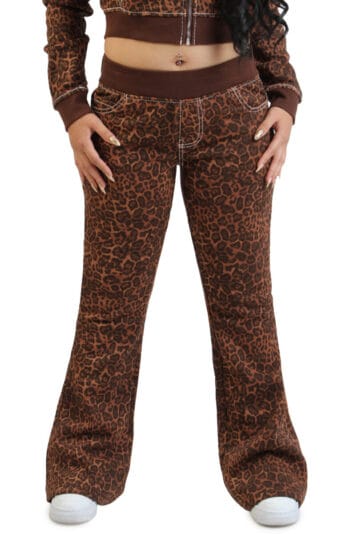 Women Leopard Mid Rise Big T Flare Sweat Pant Brown Sweatpants XL Brown