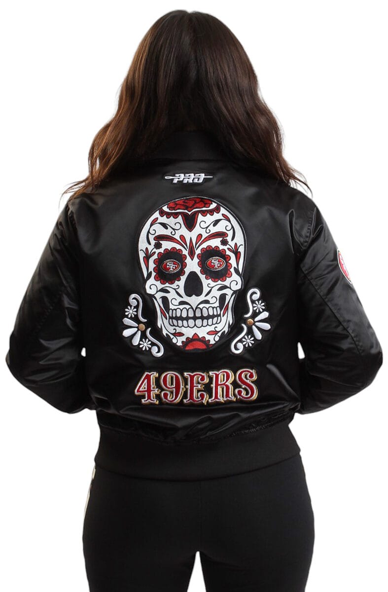 Women NFL San Francisco 49ers Sugar Skull Satin Jacket Black Jackets S Black
